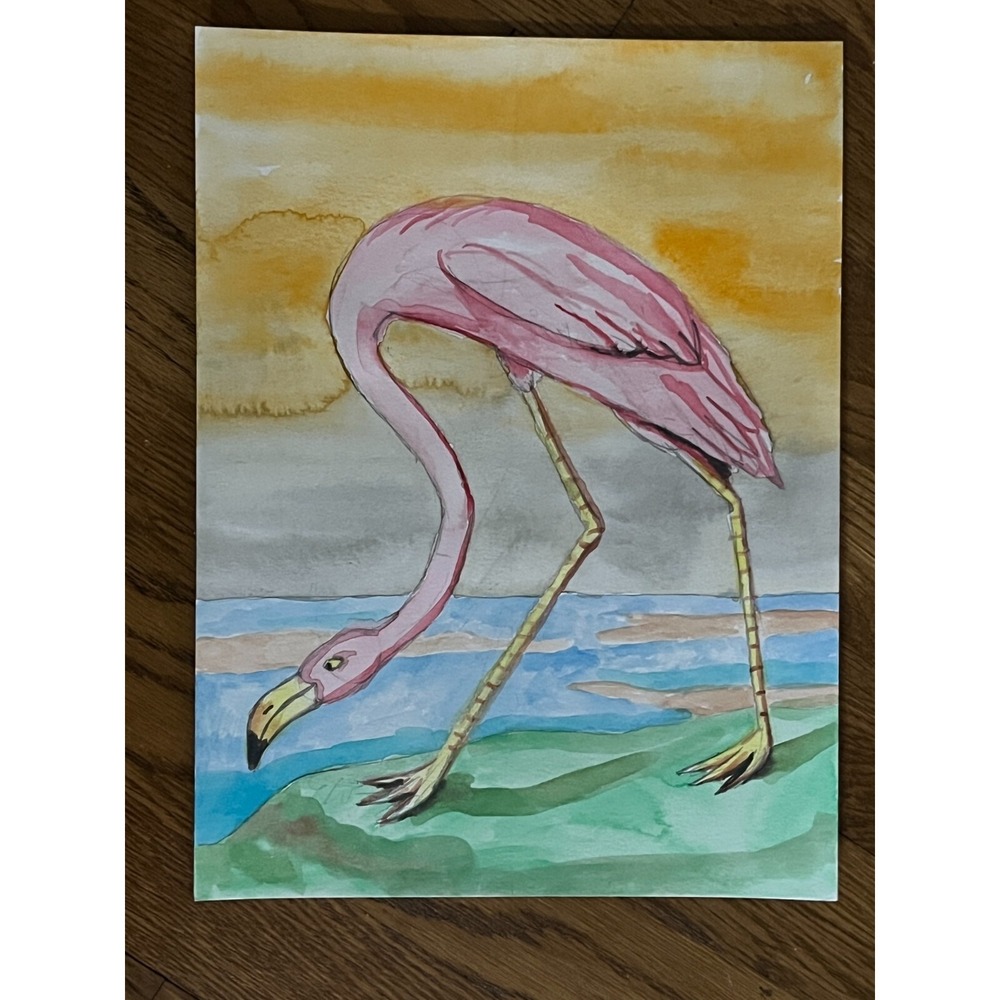 Original Watercolor‎ Pink Flamingo 9x12 Hand-Painted Bird Painting